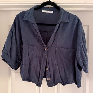 Altar’d State Blue Cropped Button Front Blouse XL Short Sleeve Boho Top